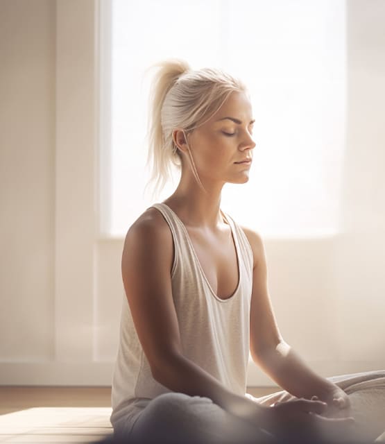 Woman practicing mindfulness meditation in a peaceful sunlit room to reduce stress.